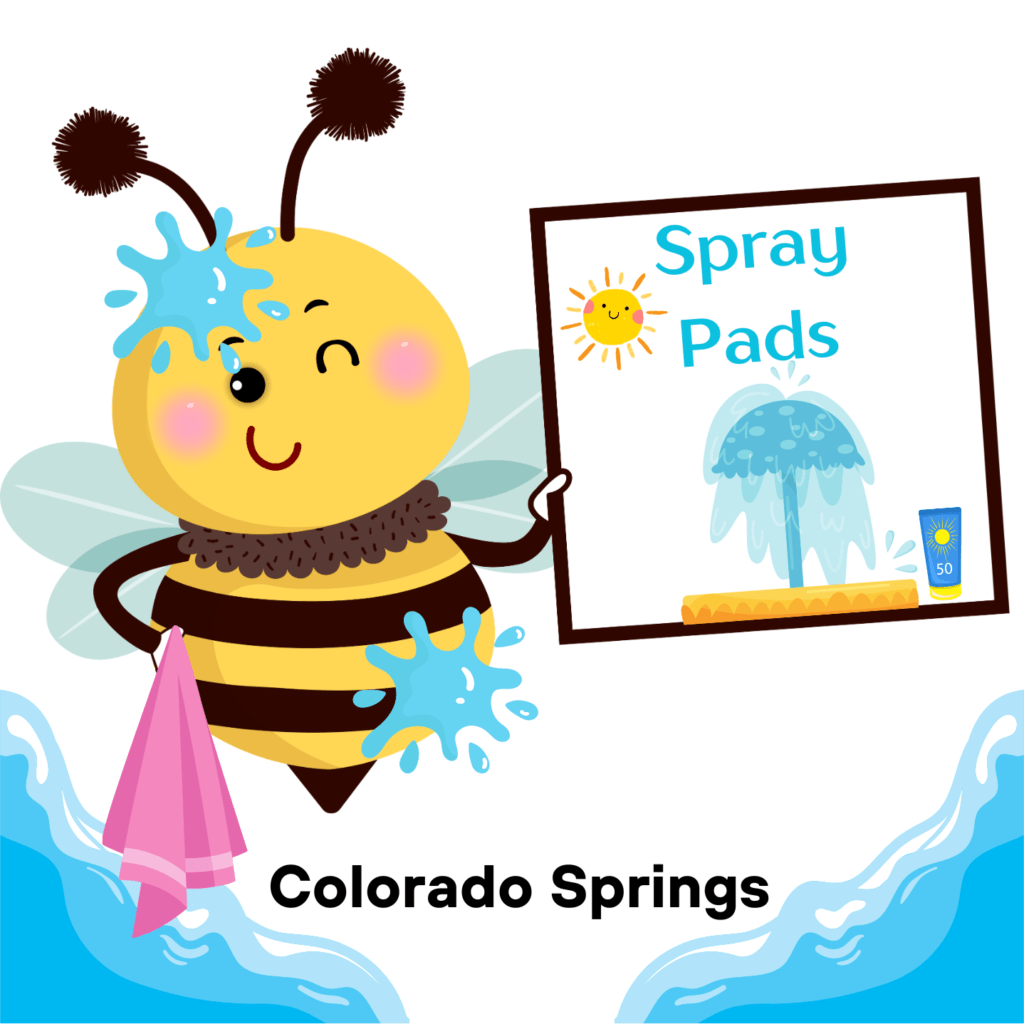 A wet Buzzy B holding a sign that says Spray Pads.